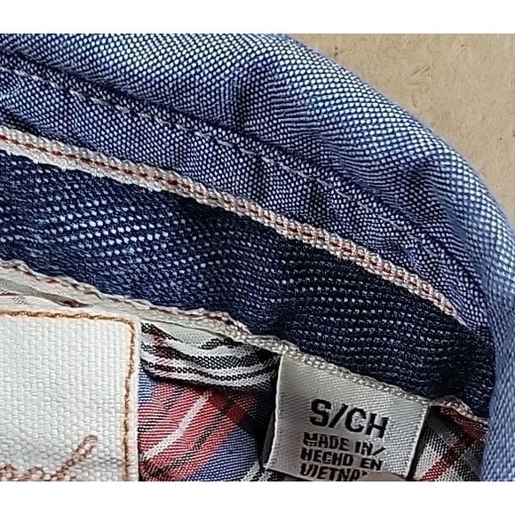 Weatherproof Vintage Shirt SMALL BLUE 100% Cotton Chambray Button BLUE MOON LOGO - Picture 2 of 10